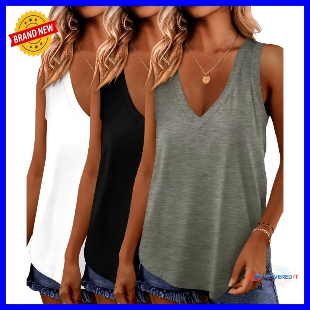 V-Neck Sleeveless Tank Tops Loose Fit Casual Blouse Summer Vacation Outfits